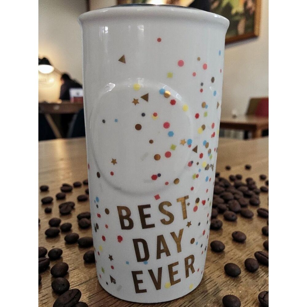 Starbucks 2015 Best Day Ever Confetti Ceramic Travel Mug Tumbler NWOT 10 Fl Oz